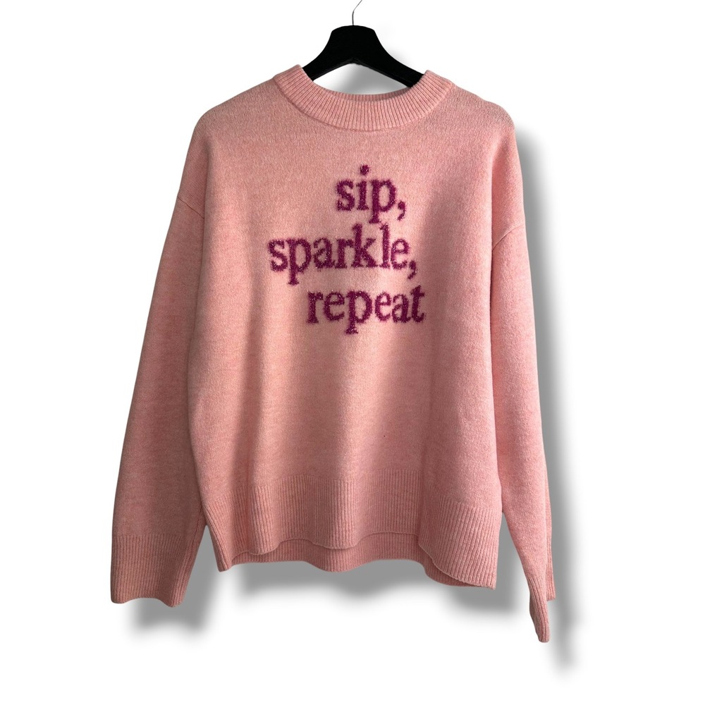 ON 34TH Womens Pink Sip Sparkle Repeat Graphic Knit Sweater Small NYE Holiday